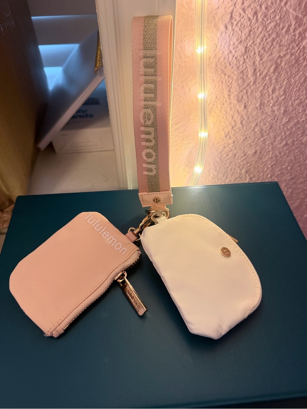 lululemon athletica Pink and White Wristlet Pouch Duo with Branded Strap